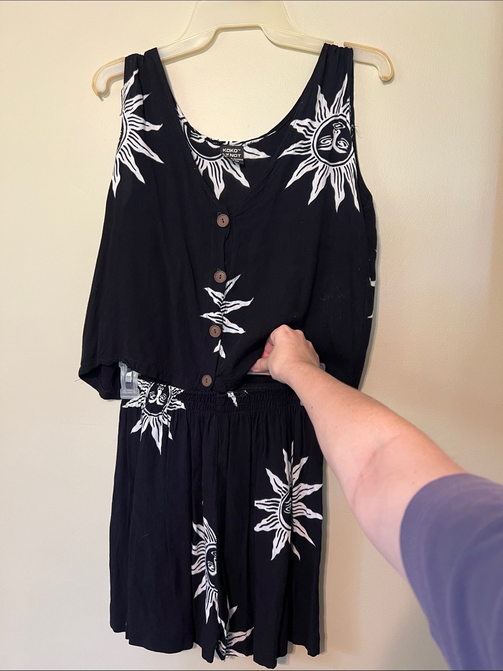 Vintage 90s Summer Matching Set Black Sun-Print Button Front Women's